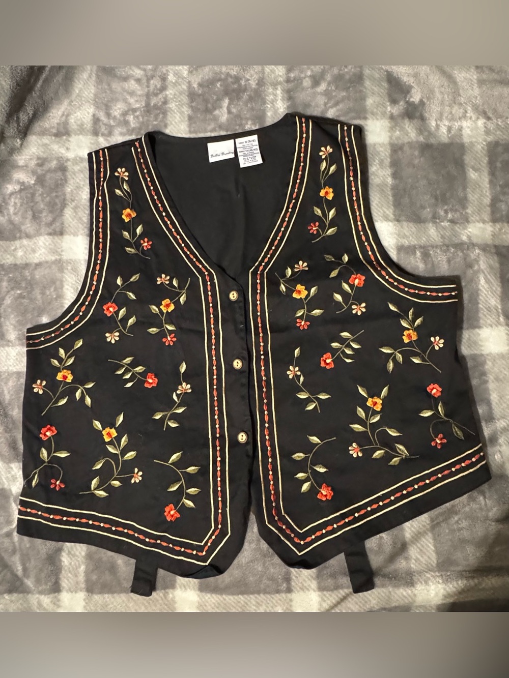 Bobbie Brooks Black Embroidered Floral Button Vest